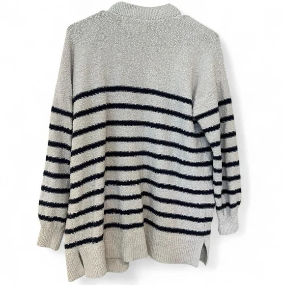 Loft 100% Cotton Striped Cardigan Boucle Accents White and Navy Medium - Picture 3 of 6